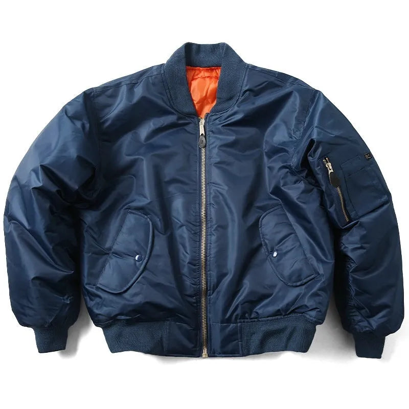 Men's loose fit pilot jacket in army green, showing cotton padding and double-sided nylon construction.