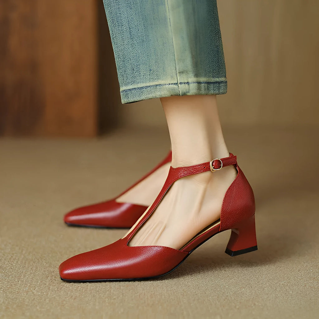 French retro square toe chunky heel shoes in wine red sheepskin leather with buckle fastening