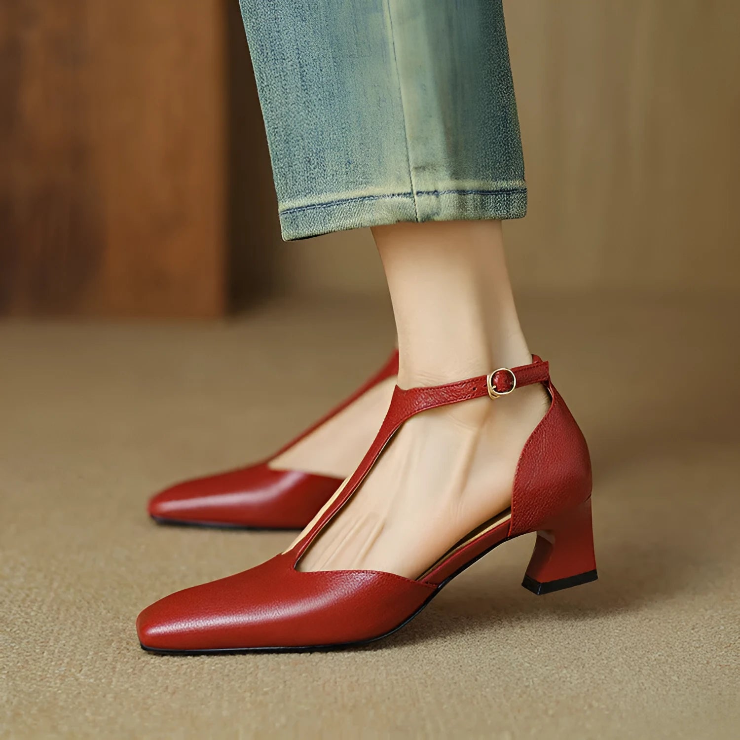 French retro square toe chunky heel shoes in wine red sheepskin leather with buckle fastening