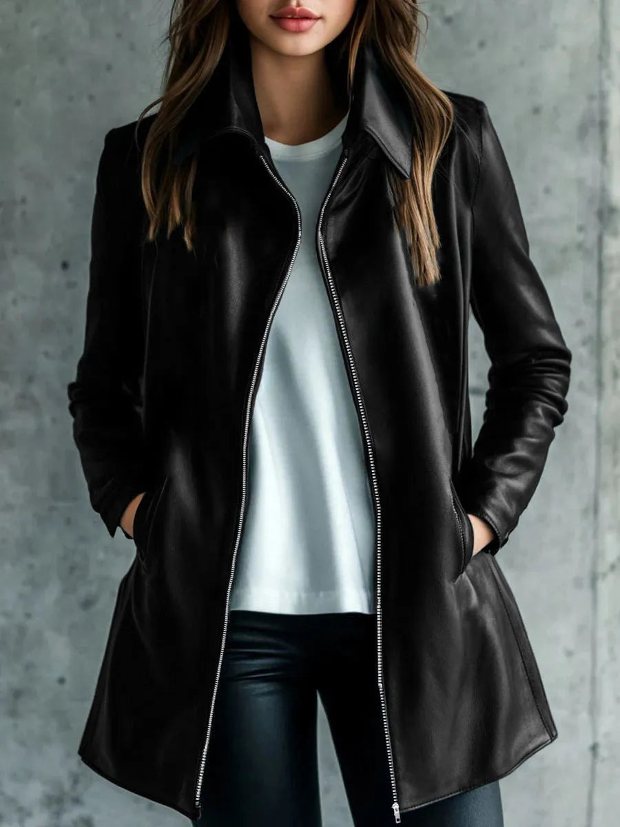 Black women's leather jacket with solid colour and long sleeves