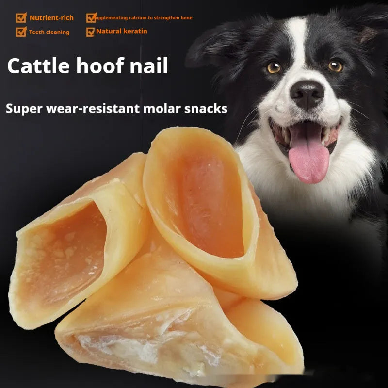Natural cowhide dog chew toy in hoof shell colour, shown in small and large sizes for dental health.