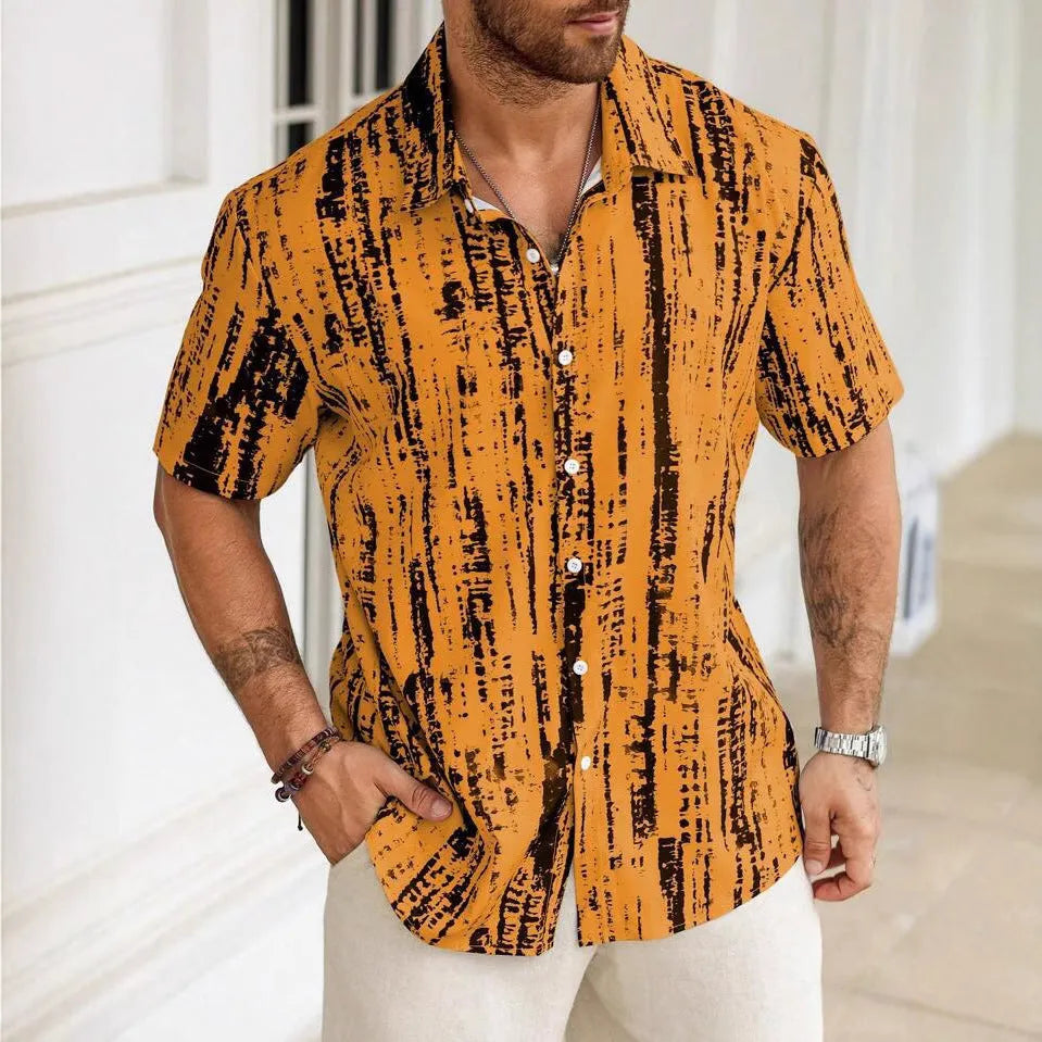 Men's striped short sleeve shirt in lightweight polyester with 3D printed pattern for summer casual wear