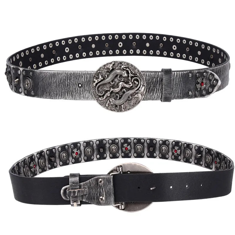 Men's punk rivet leather belt in retro colours with alloy buckle showing length options from 105cm to 125cm.