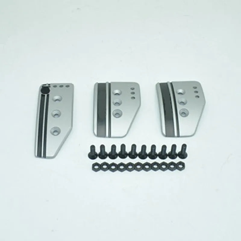 Aluminium alloy manual transmission car pedal set showing clutch, brake and accelerator in SPC grey finish with screws and nuts.
