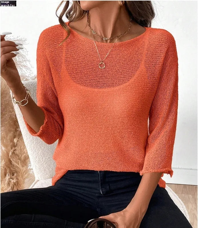 Women's knitted off-shoulder top with 3D pattern and 3/4 sleeves in multiple colour options