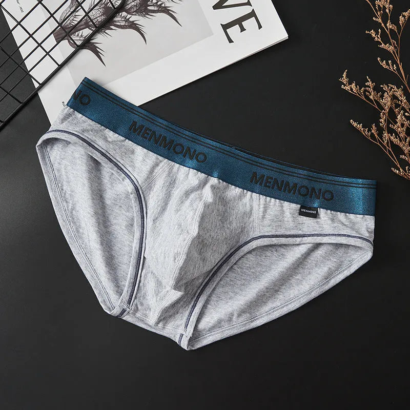 Men's low waist cotton briefs showing solid colour block design in various two-tone combinations.