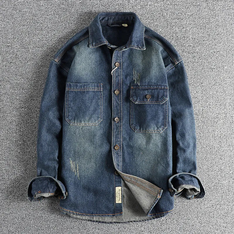 Men's vintage denim shirt in light blue washed cotton with loose fit and long sleeves
