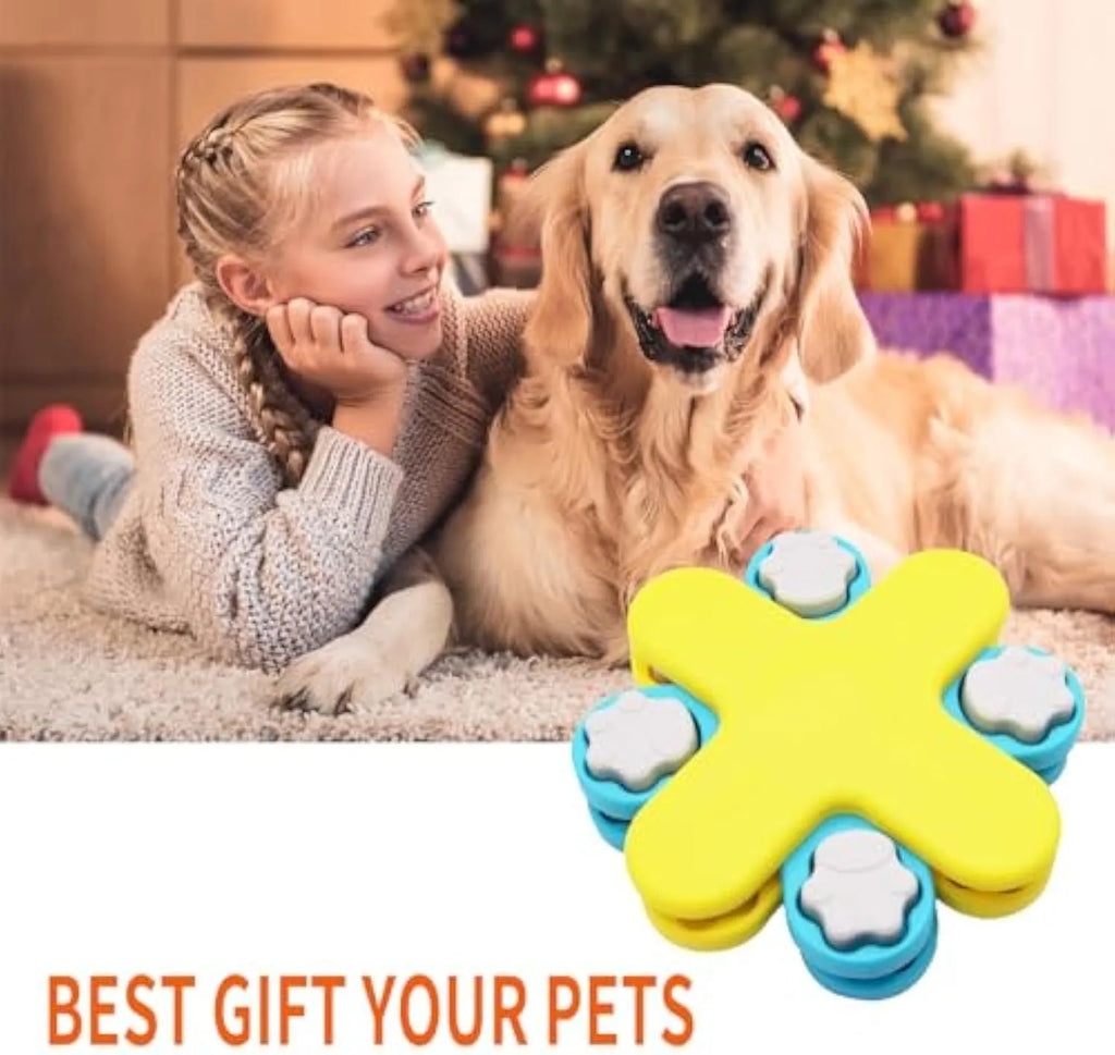 Yellow three-layer rotating dog puzzle feeder with claw-shaped lids and anti-slip rubber pads