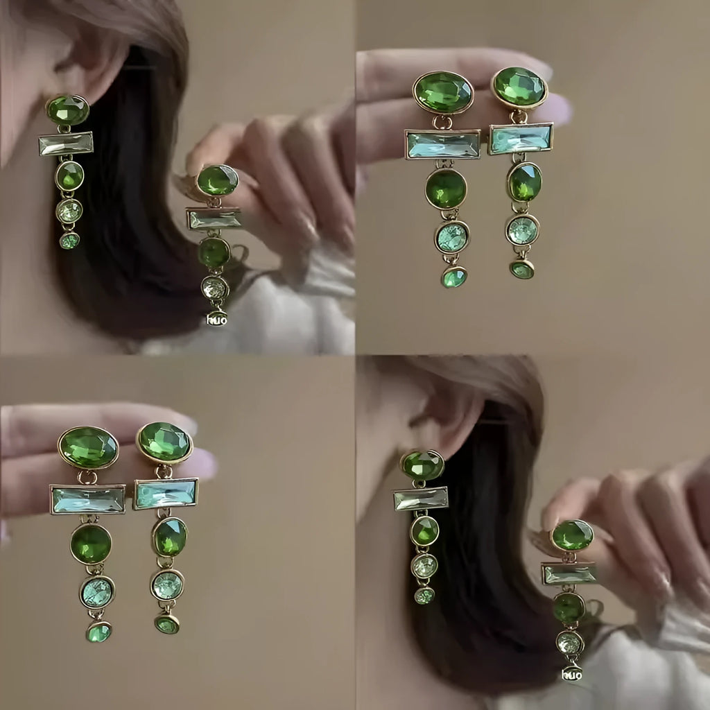 Green gradient geometric earrings with Chinese style design and tassel detailing