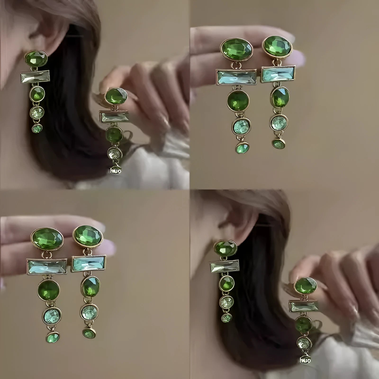 Green gradient geometric earrings with Chinese style design and tassel detailing