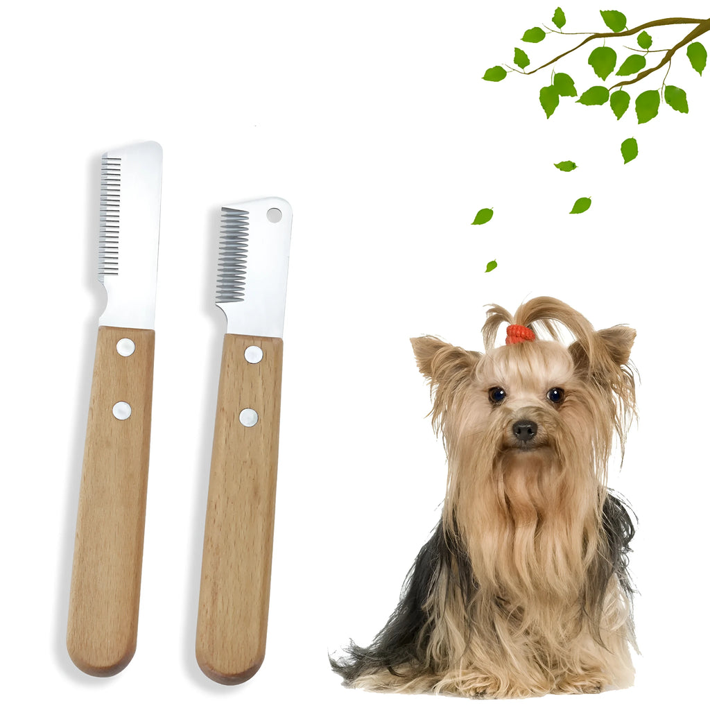 Pet stripping comb with wooden handle and metal teeth for removing hair from dogs and cats.