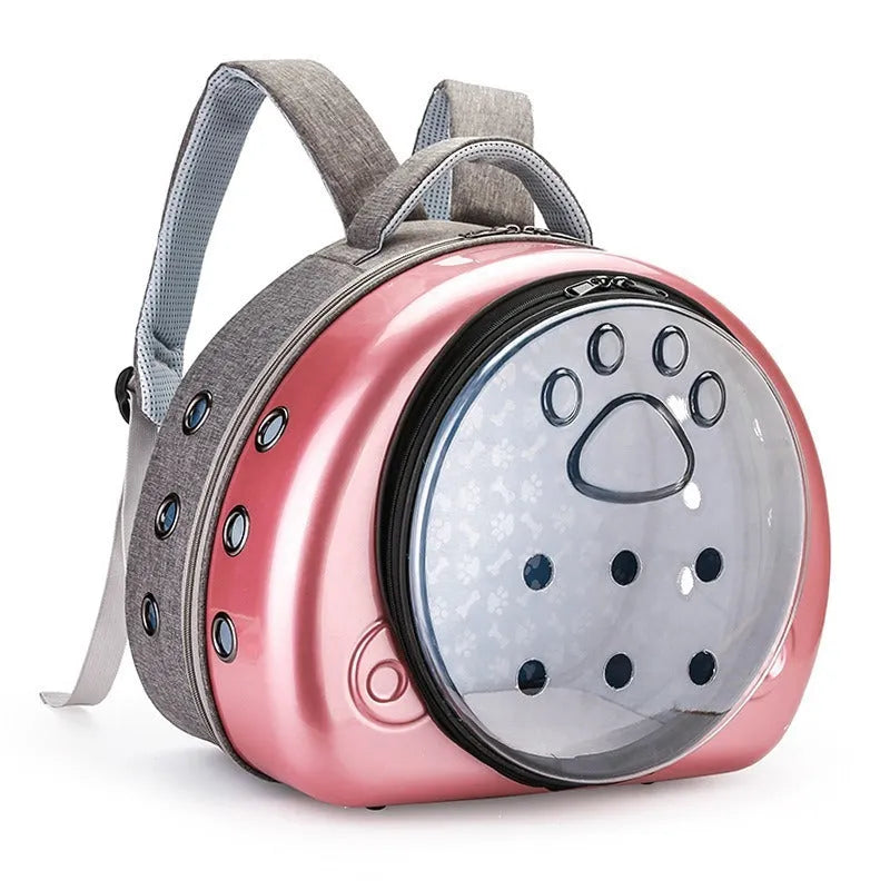 Transparent space capsule cat carrier bag with a metallic hard shell front cover