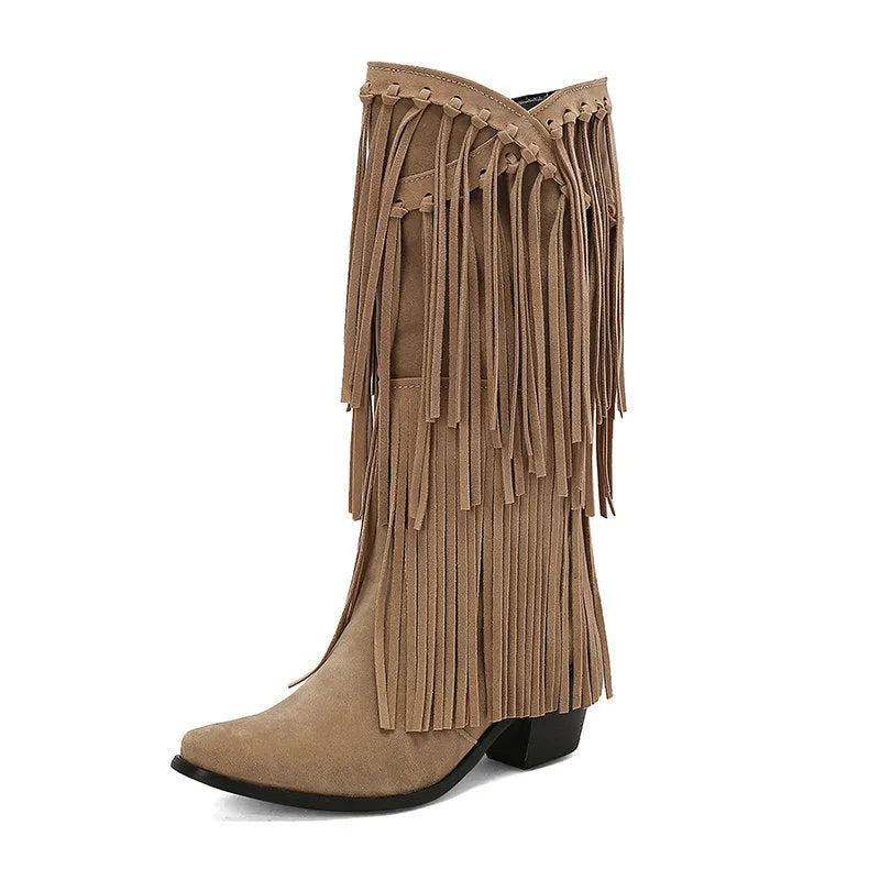 Women's suede mid-calf boots with tassel detail, square toe, and short chunky heel in beige, black, brown, red, and yellow colours.