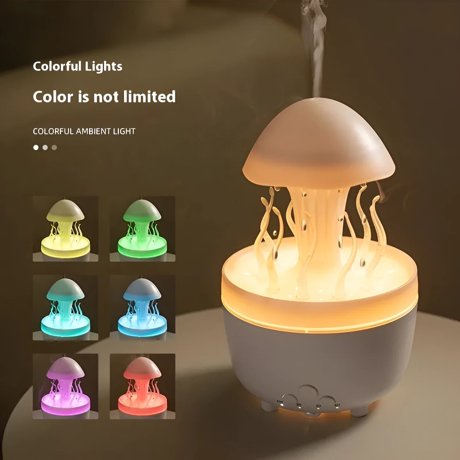 Rotating water drop column-shaped aroma diffuser and night lamp in a light wood grain finish.