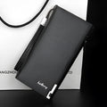 Men's long black PU leather zipper wallet showing card slots and closed zipper.