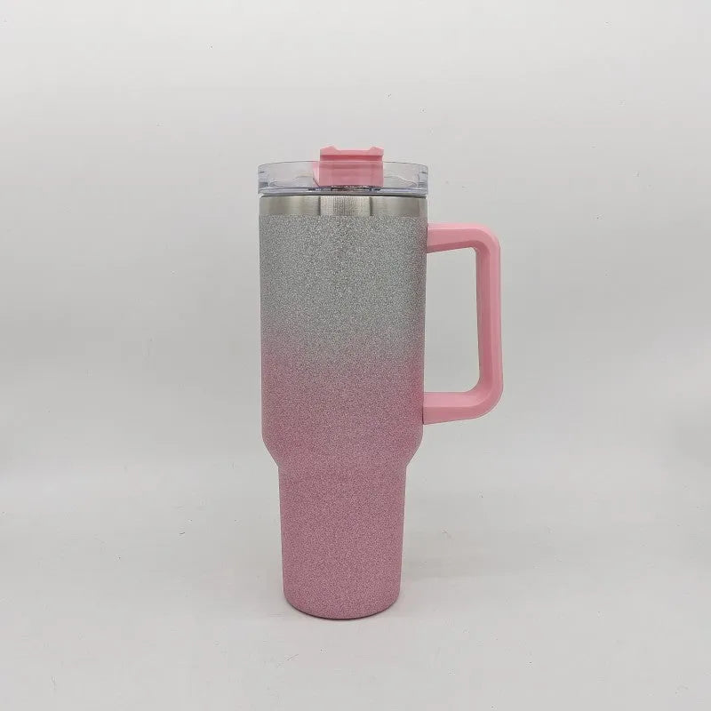 Large stainless steel vacuum insulated cup in a gradient colour option showing its height and simple style.
