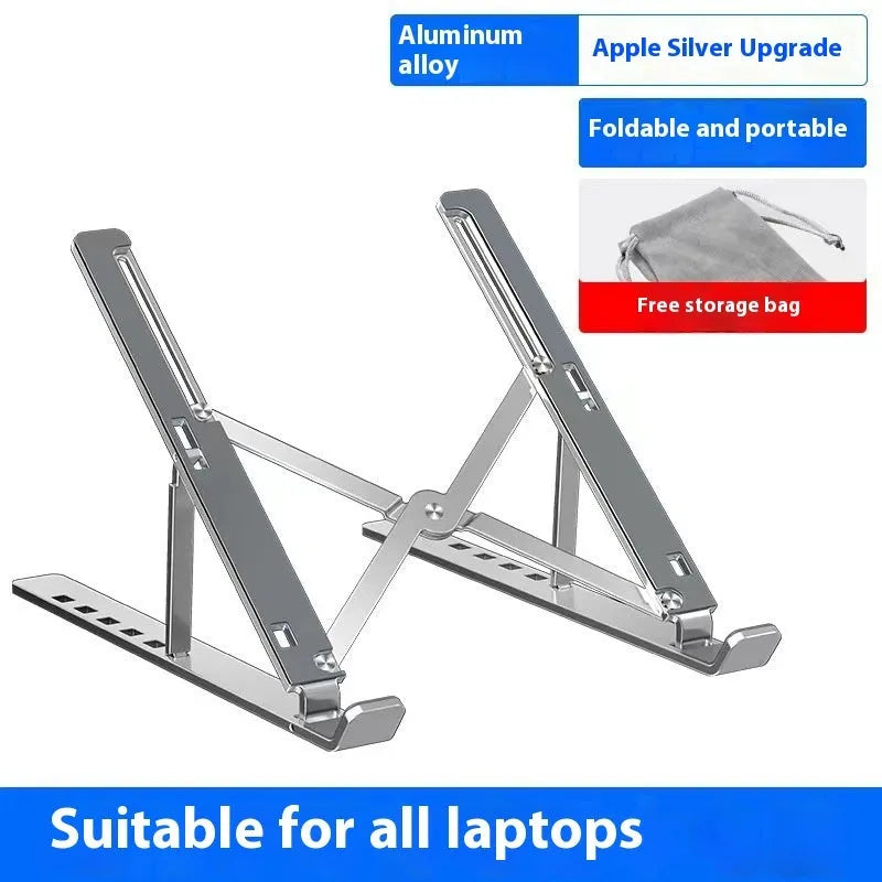 Silver aluminium alloy folding laptop stand holding a laptop at an angle