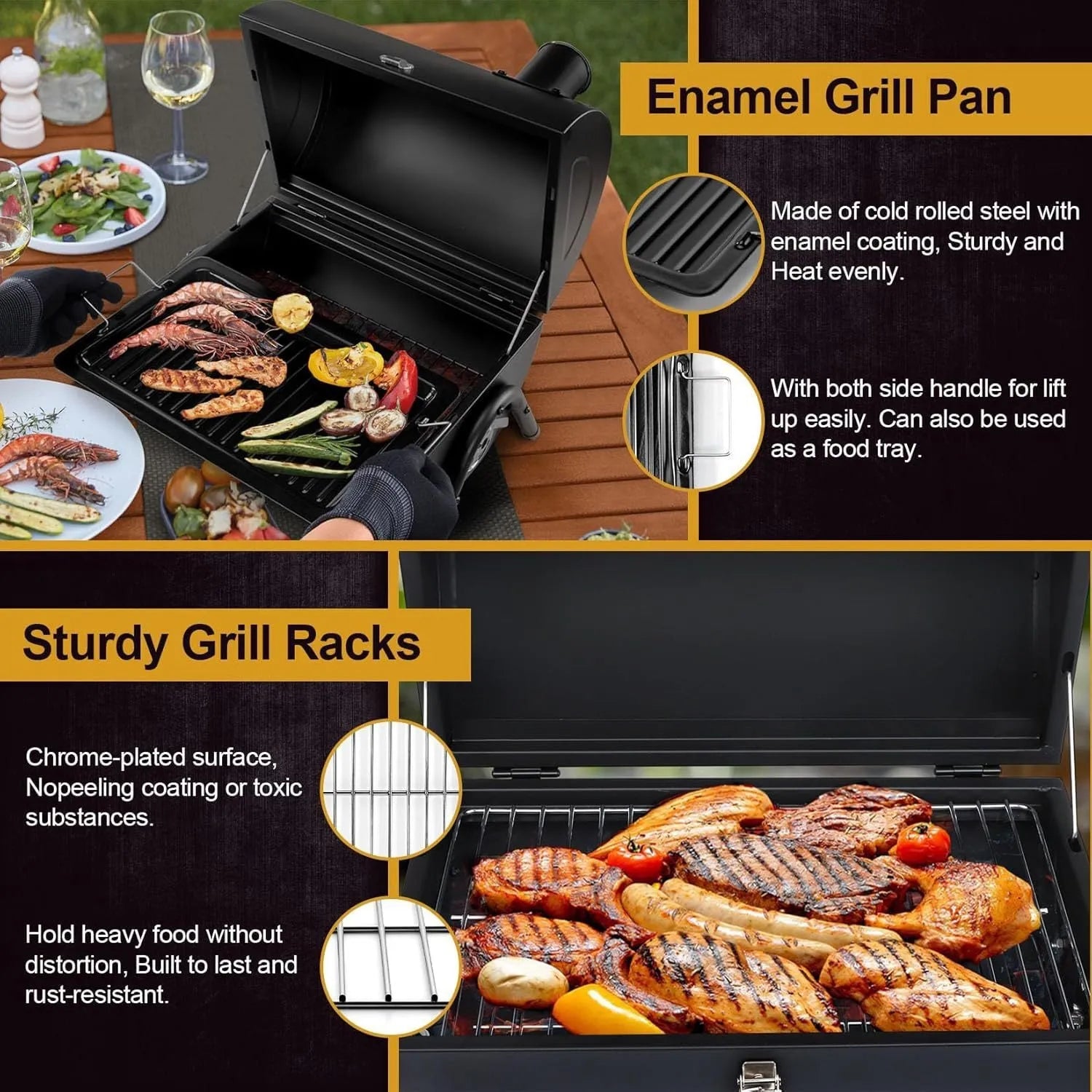Small foldable desktop charcoal barbecue grill with grill grate, shown in open and closed positions.