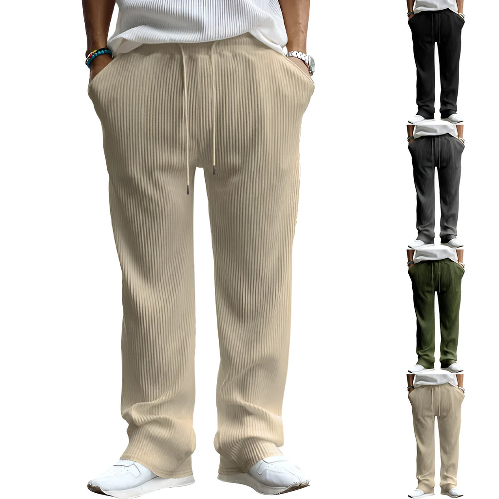 Men's loose straight-leg casual trousers in high-waist design with micro-elastic polyester fabric