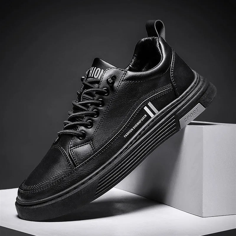 Men's white and black microfiber skate shoes with elastic band and rubber sole