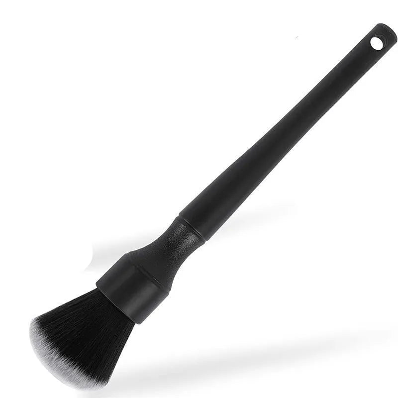 Black car detailing brush with super soft pig hair bristles and PP handle shown in two sizes.