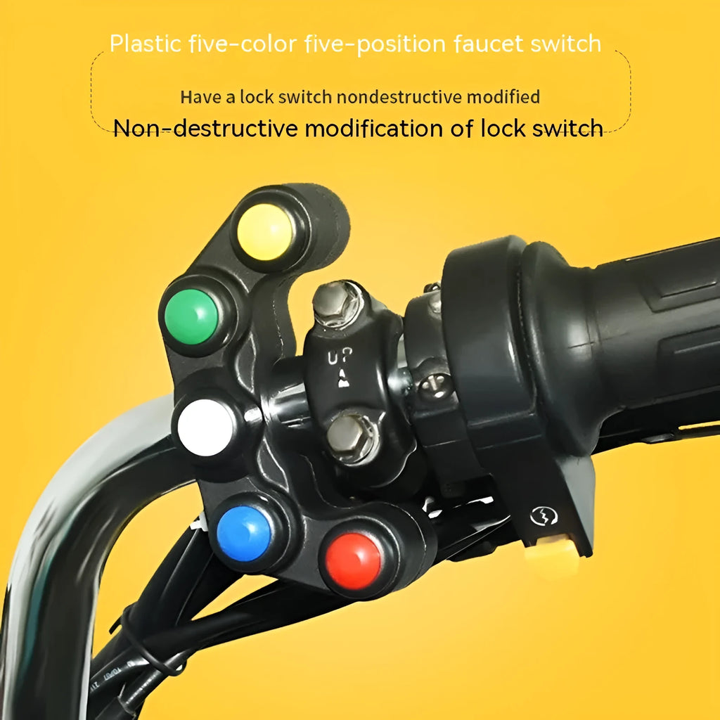Five-colour rotary automotive switch with key lock for motorcycle and car accessory control.