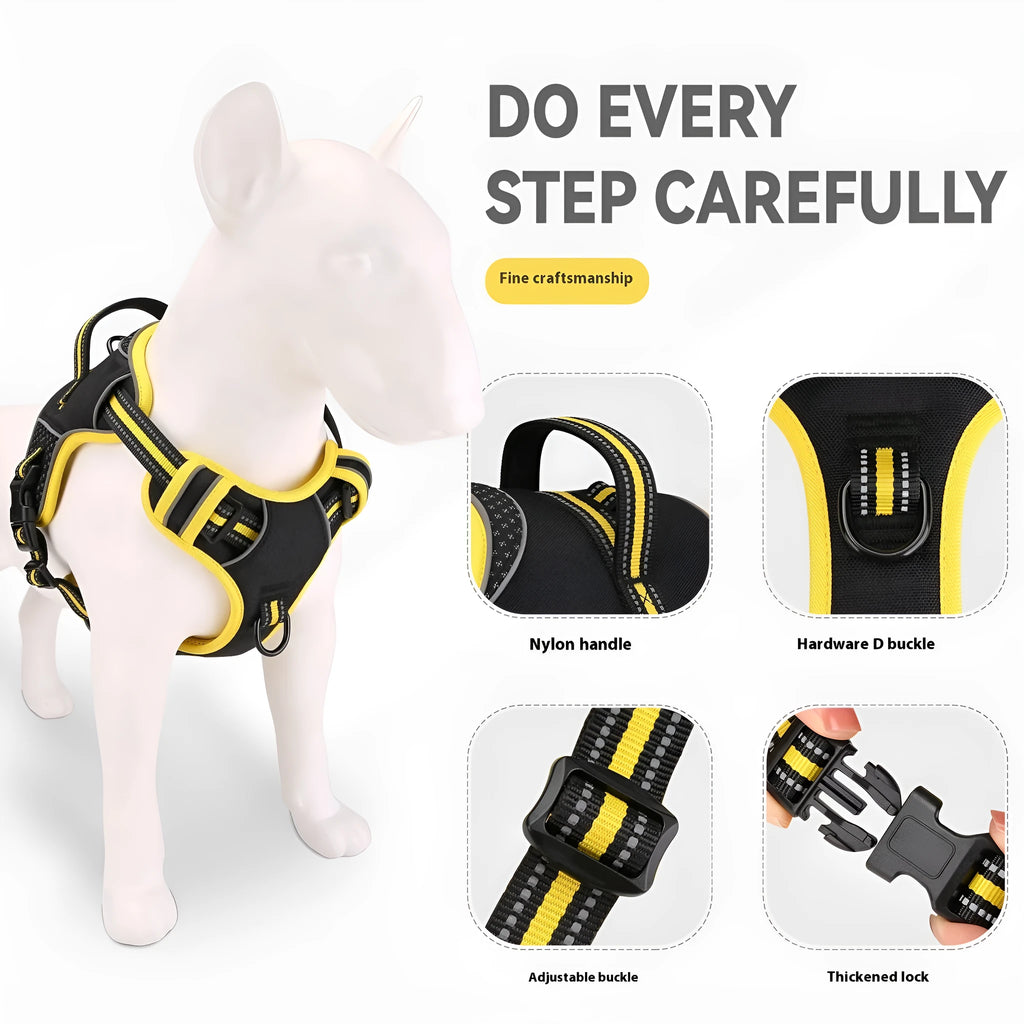 Orange and yellow dog harness and traction strap set for outdoor training with anti-breaking loose security