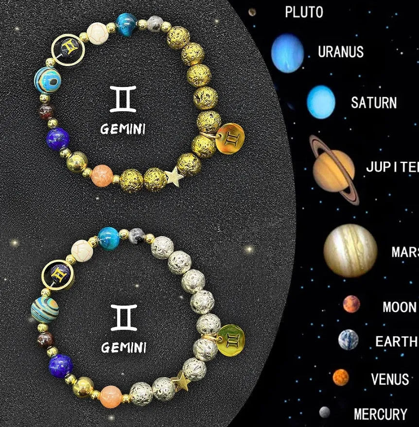 Two natural stone beaded bracelets showing zodiac sign charms on a wooden surface.