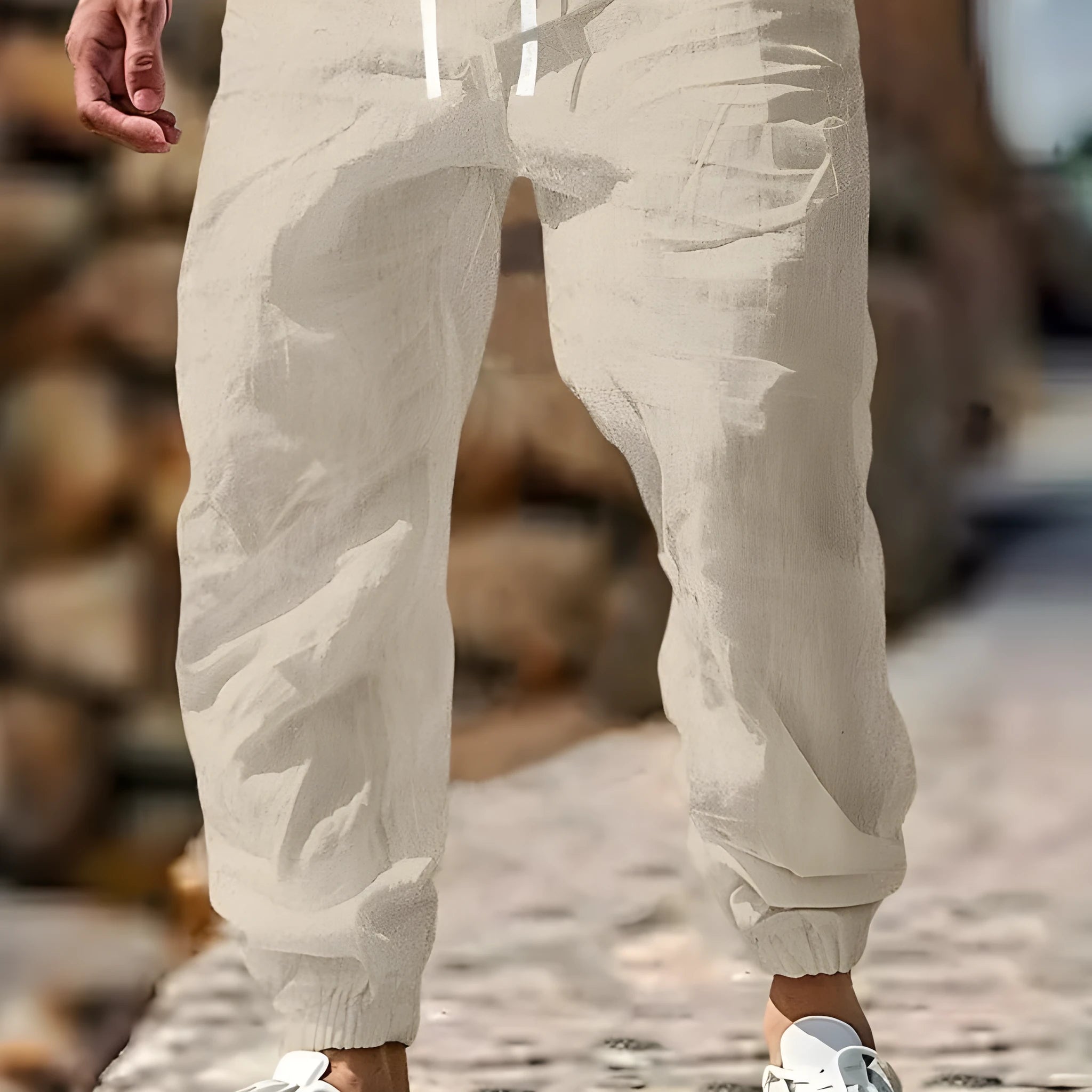 Men's beige straight leg linen trousers with elastic waistband laid flat