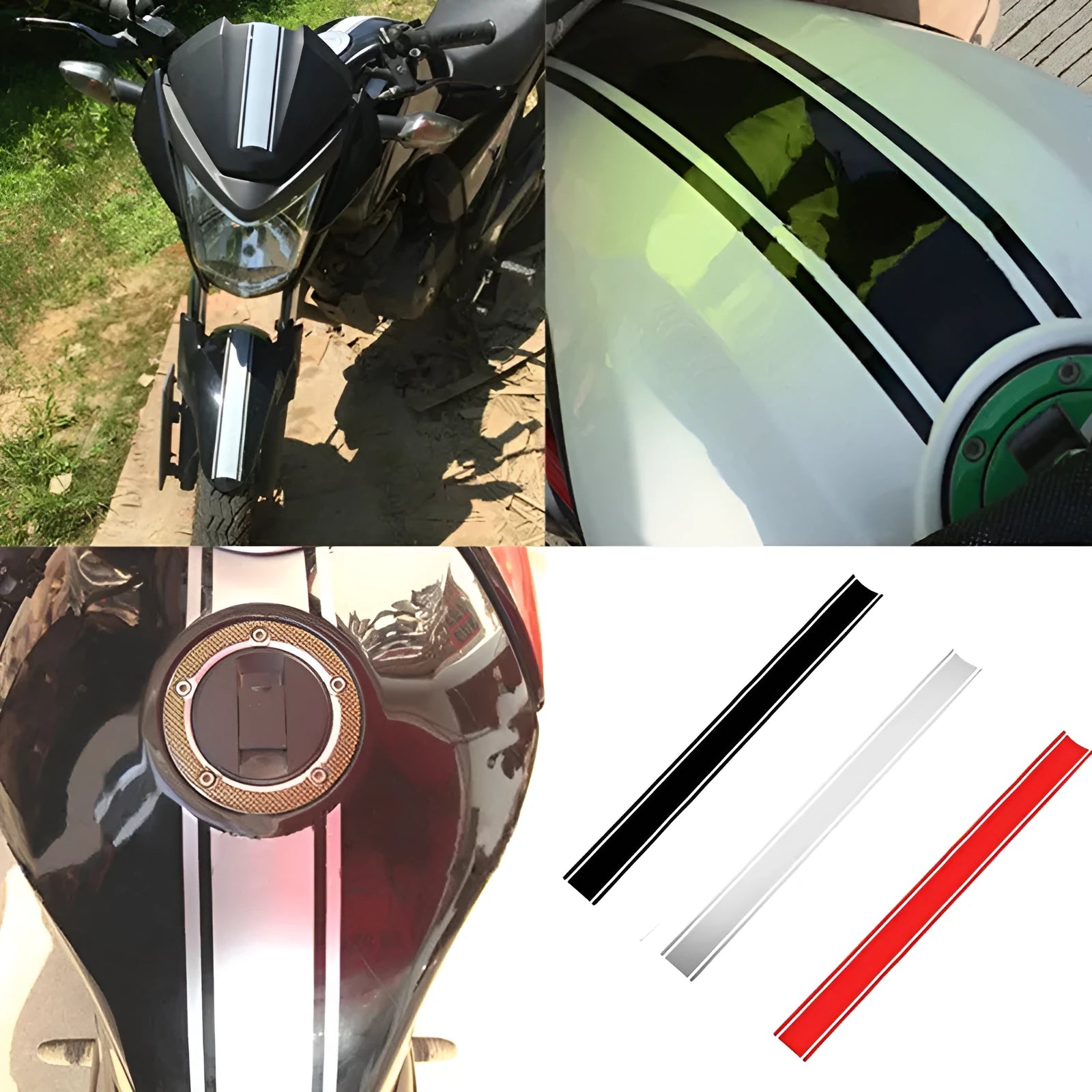 Motorcycle DIY gas tank lid reflective pinstripe sticker in black, red, silver, and yellow.