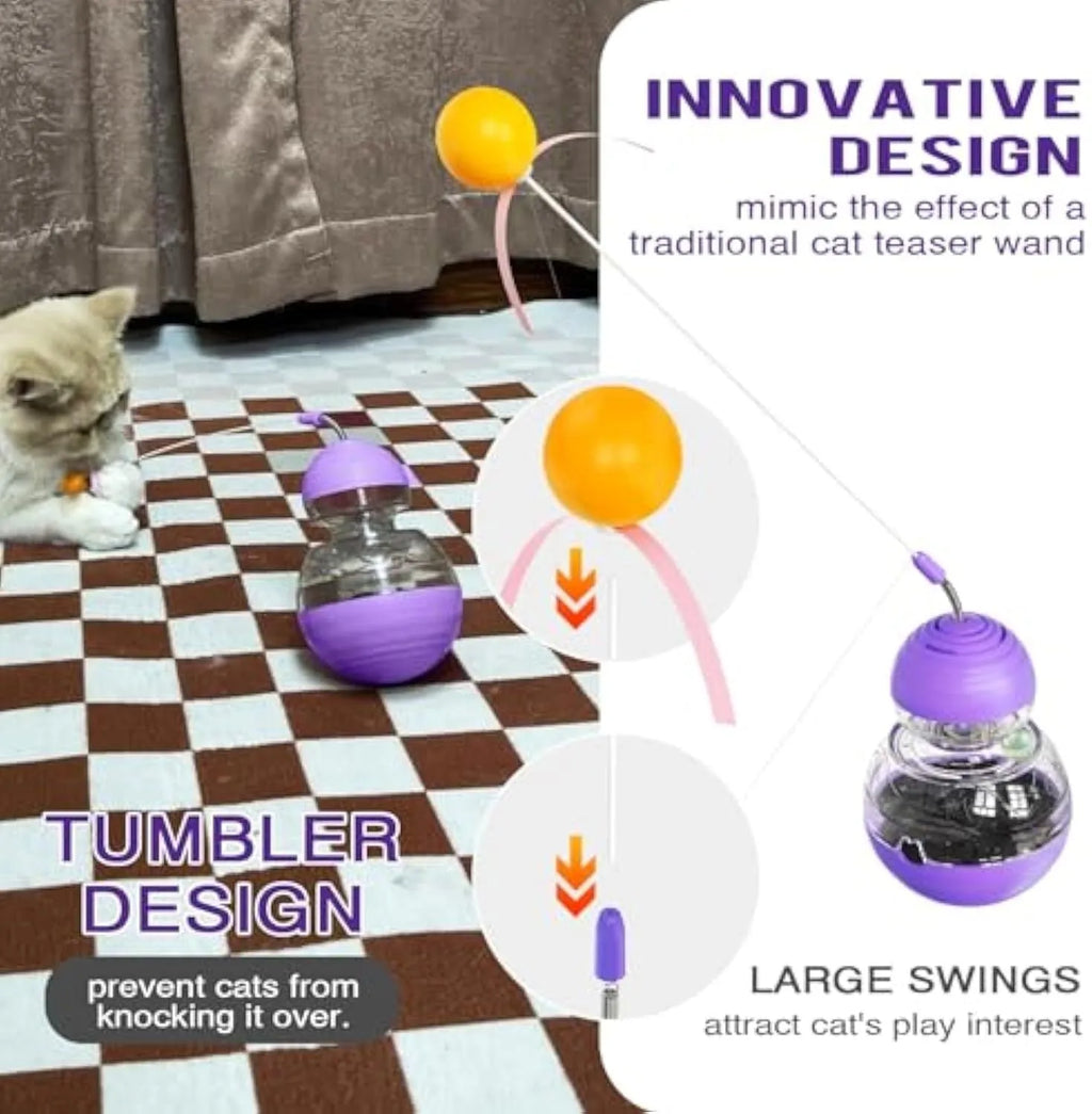 Interactive cat wand toy with feather teaser and food dispenser in pink, purple and yellow colour options