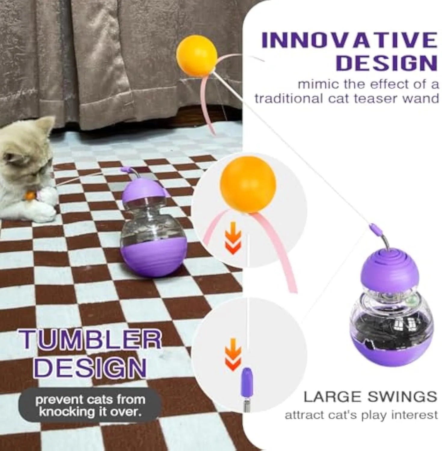 Interactive cat wand toy with feather teaser and food dispenser in pink, purple and yellow colour options