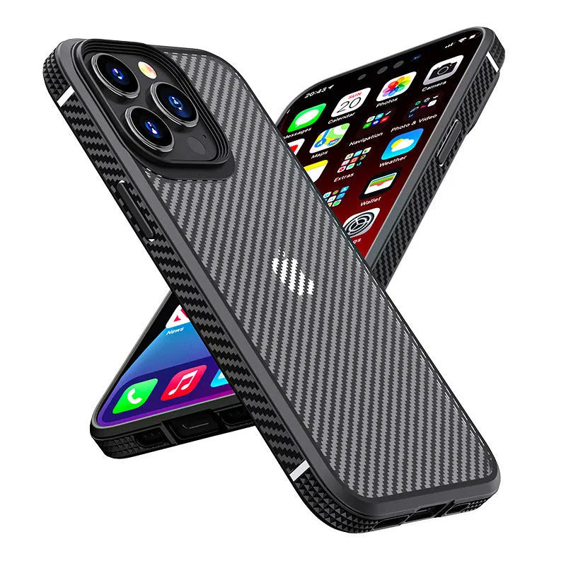 Black iPhone 13 protective case with carbon fibre pattern showing back cover design