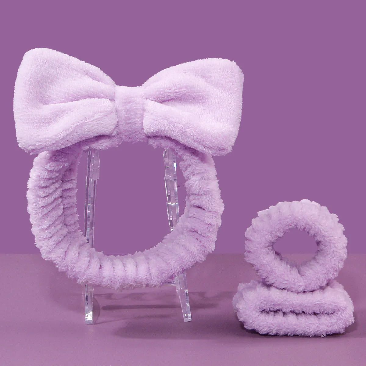 Facial brush set with coral fleece hair band in purple, nylon brush with plastic handle for skincare cleansing