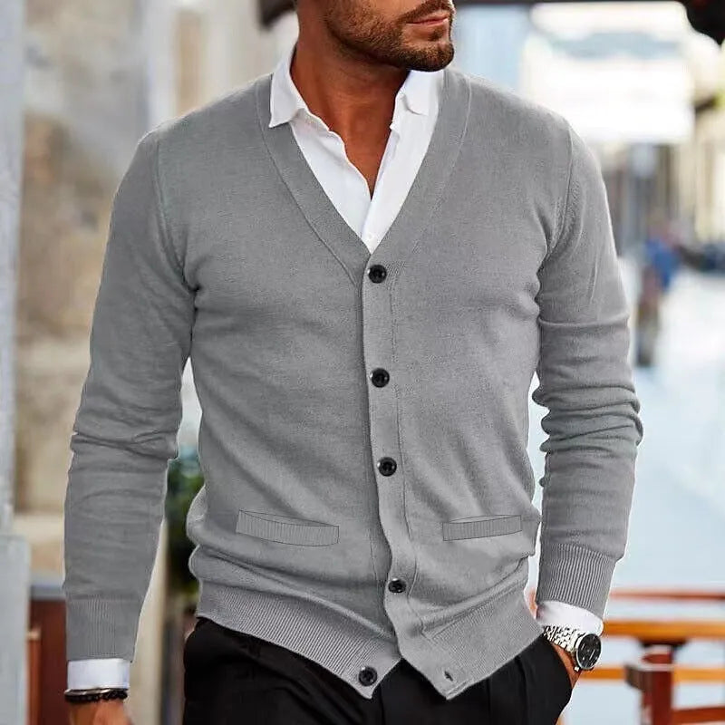 Men's slim fit acrylic cardigan sweater coat in various colours on a size chart background.