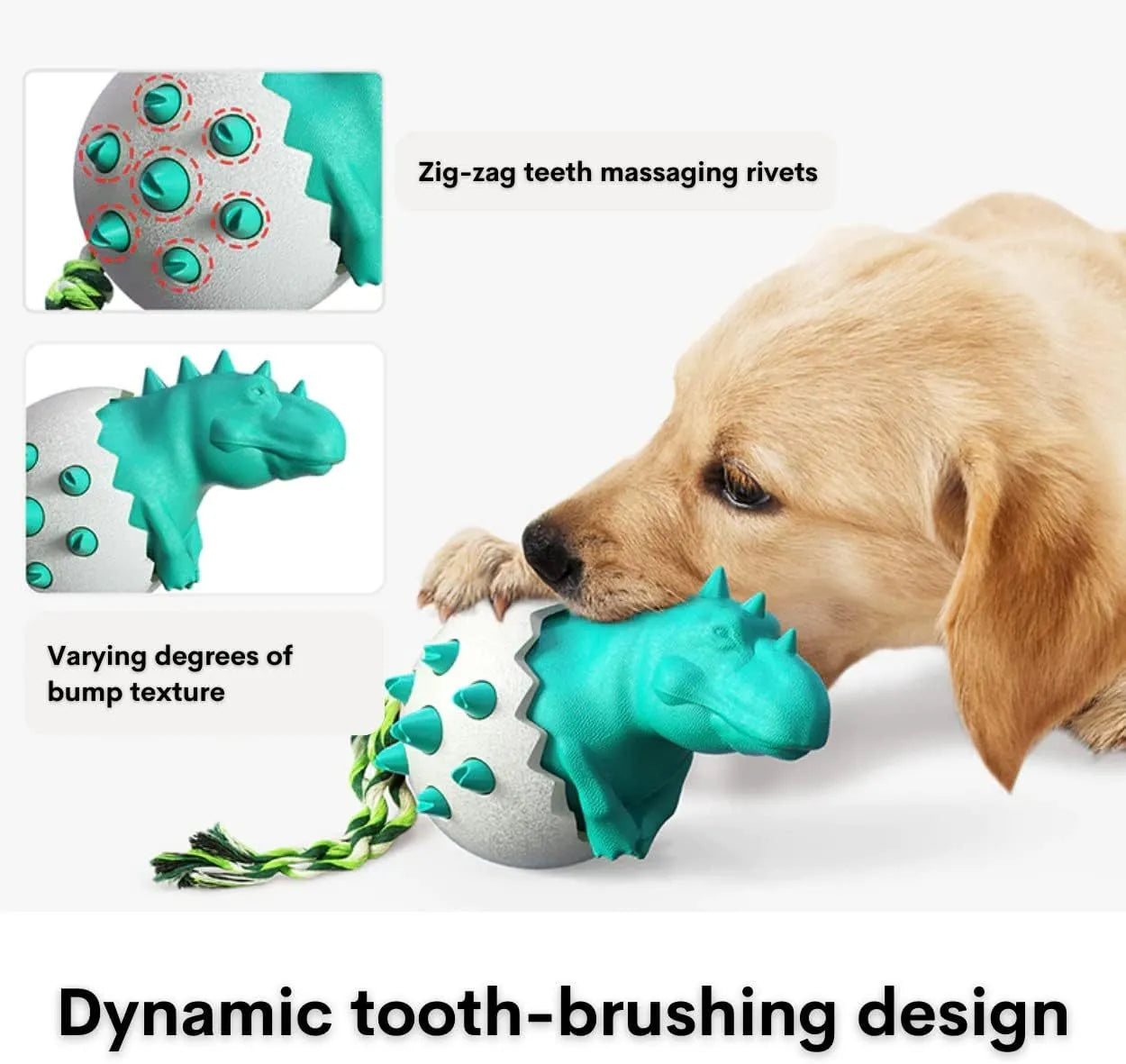 Durable rubber dog chew toy with rope attachment and dinosaur design for aggressive chewers