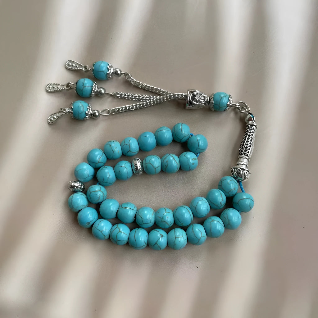 Sky blue stone bead Muslim worship bracelet with elastic cord