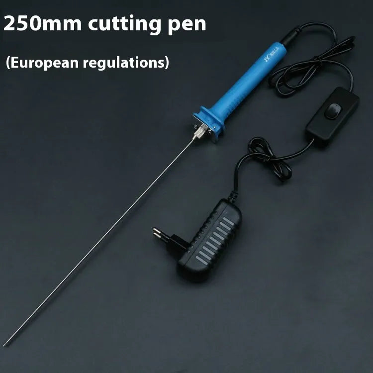Blue plastic-handled electric heating cutter pen with adapter for cutting foam and polystyrene.