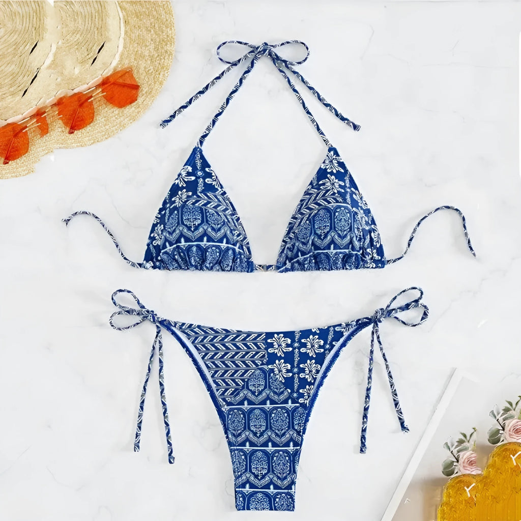 Women's split bandage bikini swimsuit with printed stitching details in various colours