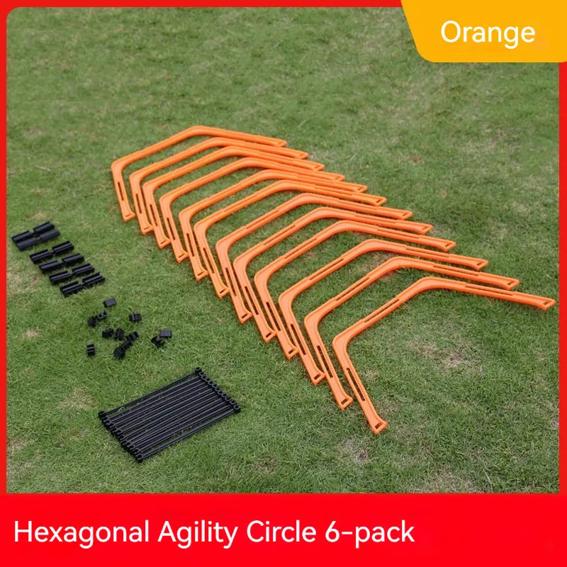 Set of six foldable yellow, green, and orange hexagon plastic agility rings for football training.