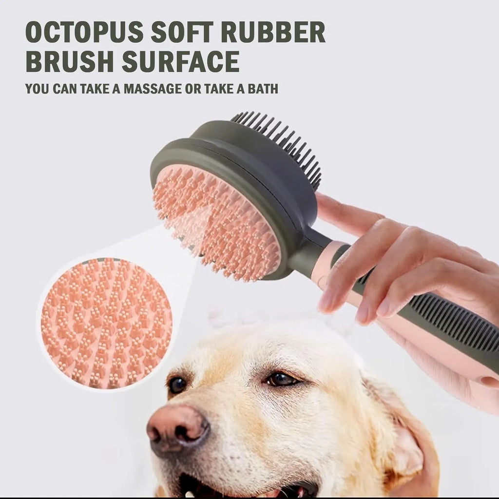Double-sided cat brush with smooth brush and flea comb on reverse sides, showing release button mechanism