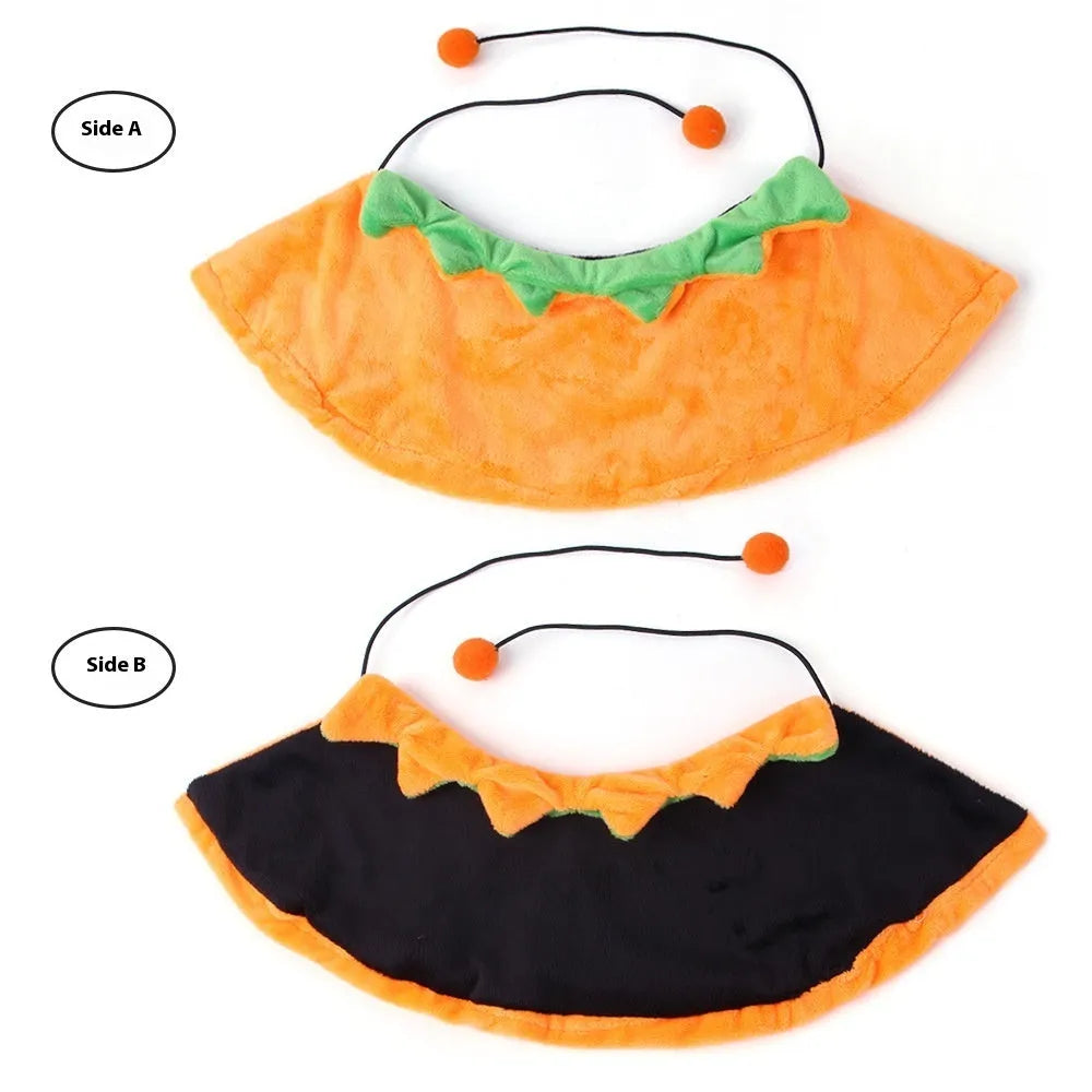 Orange plush Halloween cloak with pumpkin design on a dog, showing cloak and matching hat options.