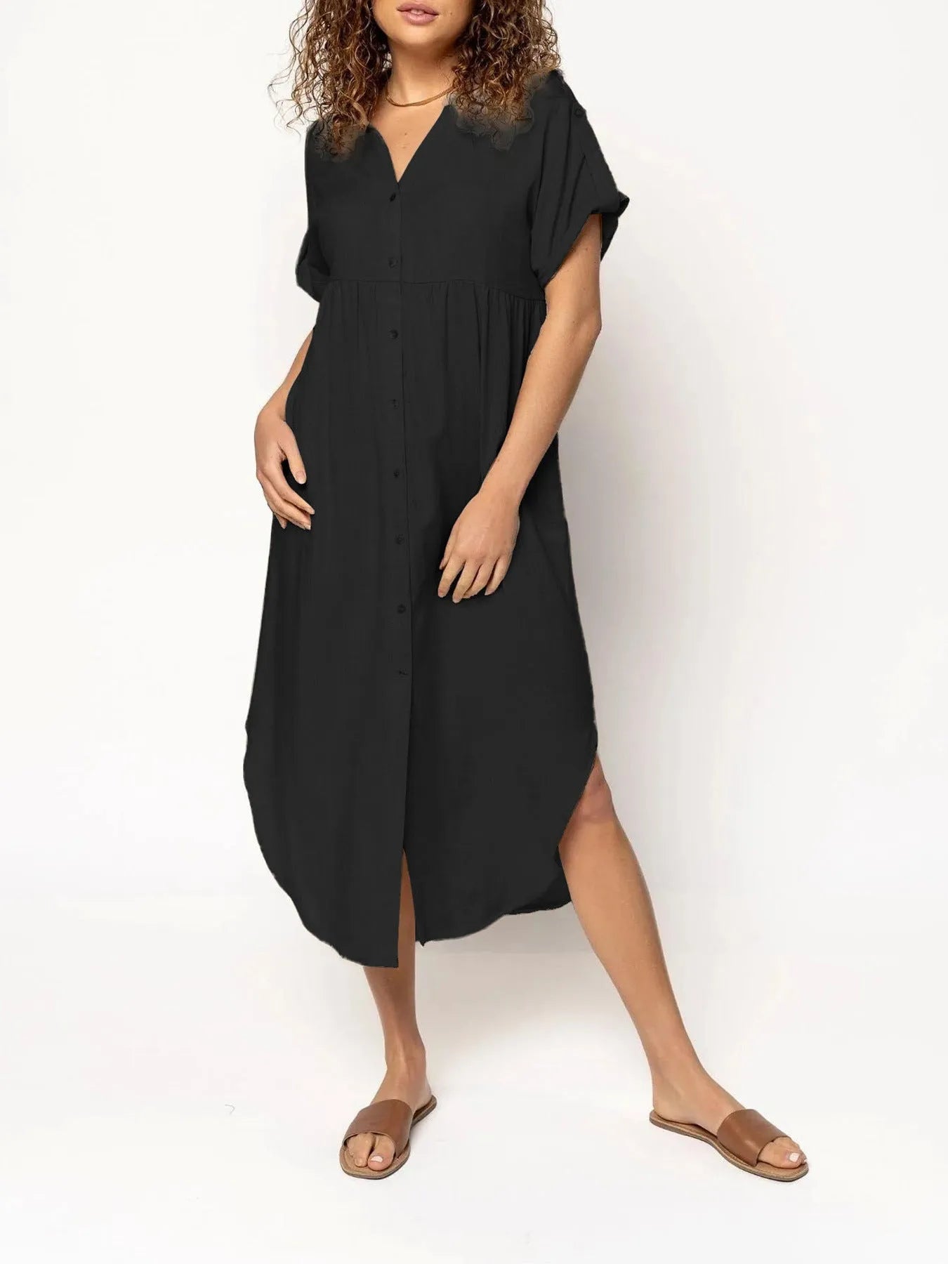 Button-front mid-length casual dress in loose fit available in multiple solid colours