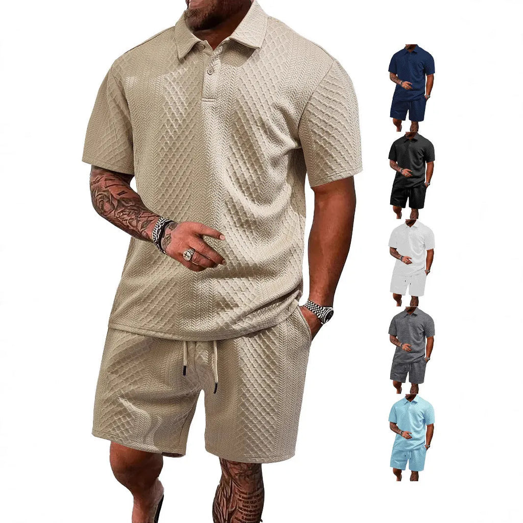 Men's casual short sleeve polo suit with matching trousers in polyester figure cloth, showing colour options.