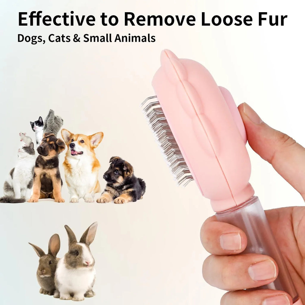 Self-cleaning spray cat grooming brush with stainless steel bristles in grey, green, and pink colour options.