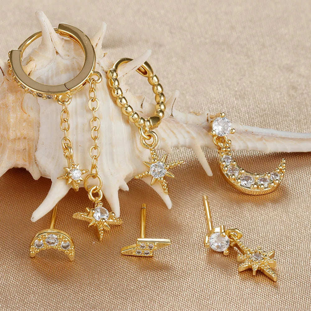 XINGX six-piece gold electroplated chain tassel earrings with zircon stud details for women