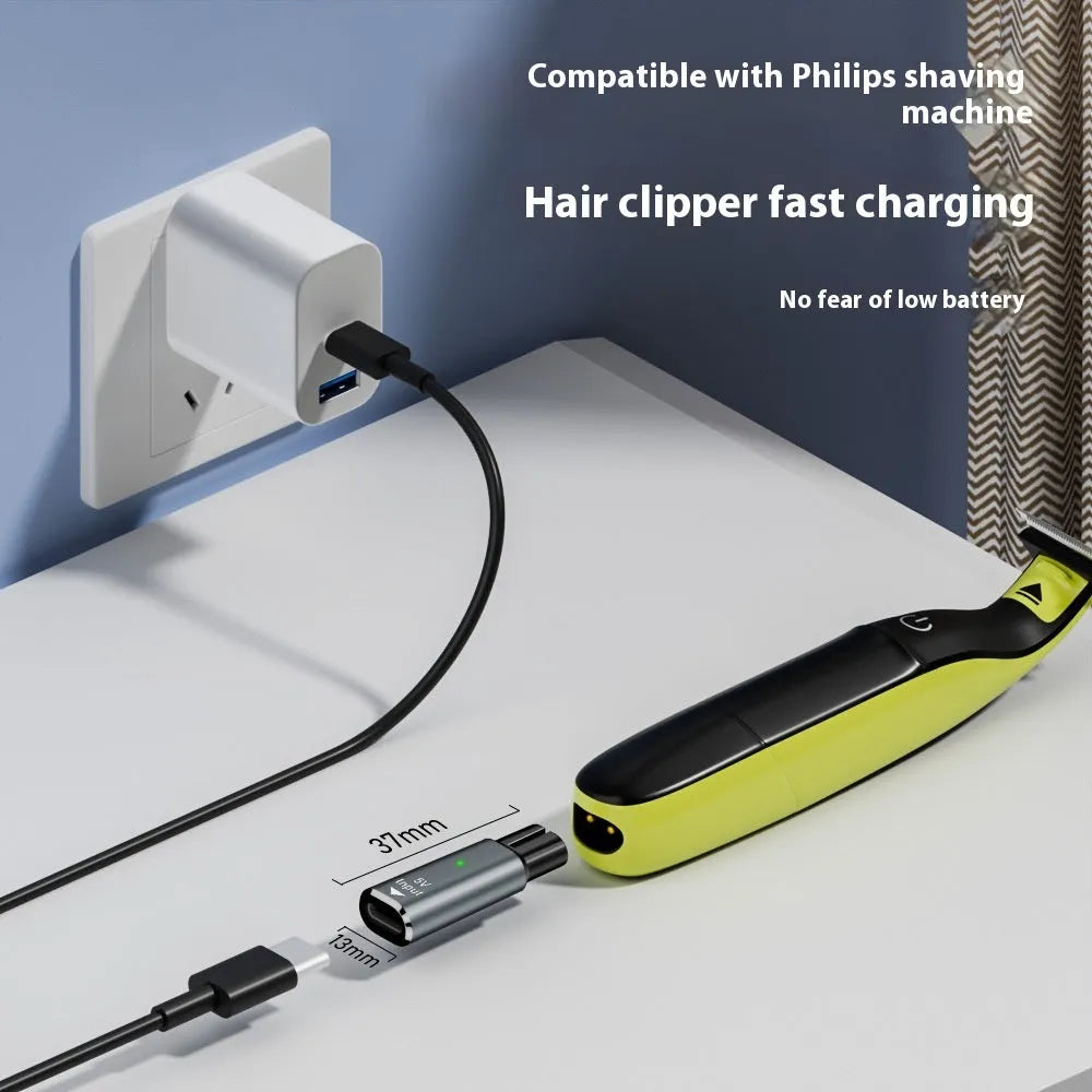 Black and gray aluminium alloy USB C charging adapter for 4.3V electric shavers and hair clippers.