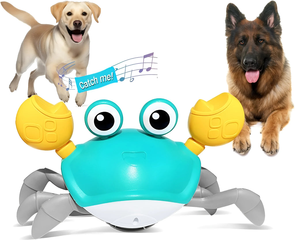 Blue or red electronic crawling crab dog toy with sensors, lights, on floor.