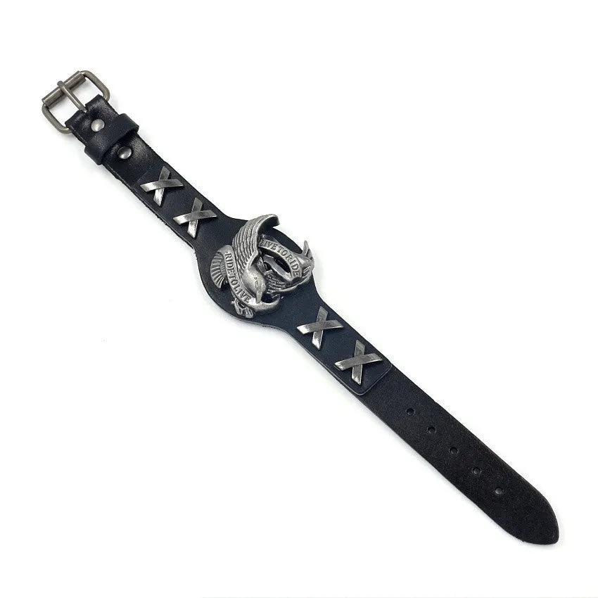 Black geometric bracelet with an alloy eagle watch-buttom on a leather strap.