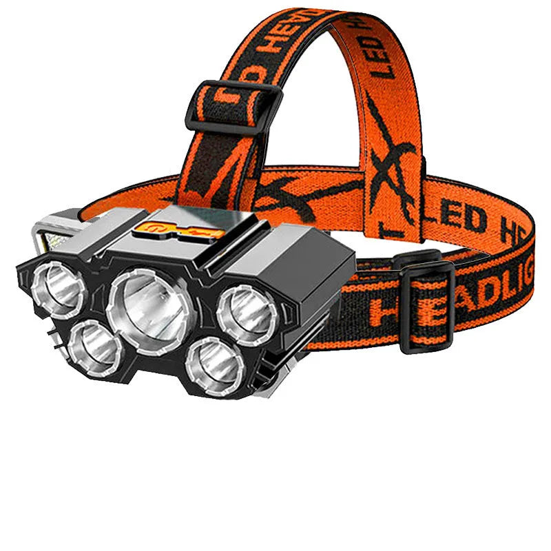 PVC head-mounted miner's lamp with LED light, adjustable headband, and charging cable